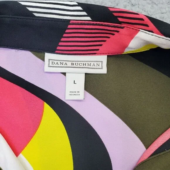 Dana Buchman Blouse Top Womens Large Multi Geometric Slit Collared‎ Button Front - Picture 3 of 9